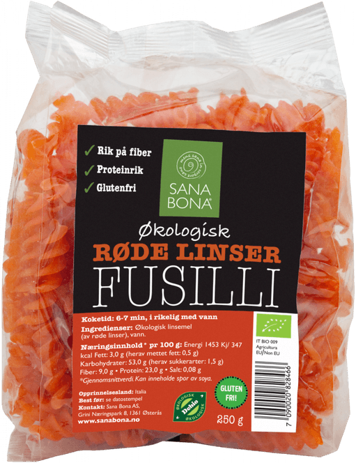 Hovedbilde Pasta Fusilli røde linser økologisk glutenfri 250 g Sanabona